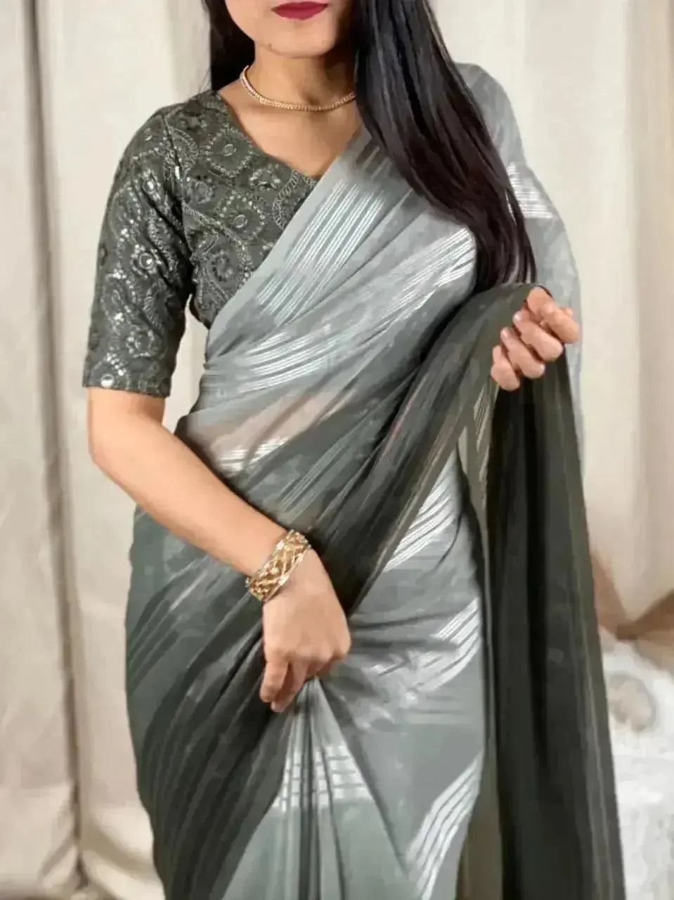 Grey Green Georgette Sarees for Women – Elegant Party Wear Collection - RPD Fashion