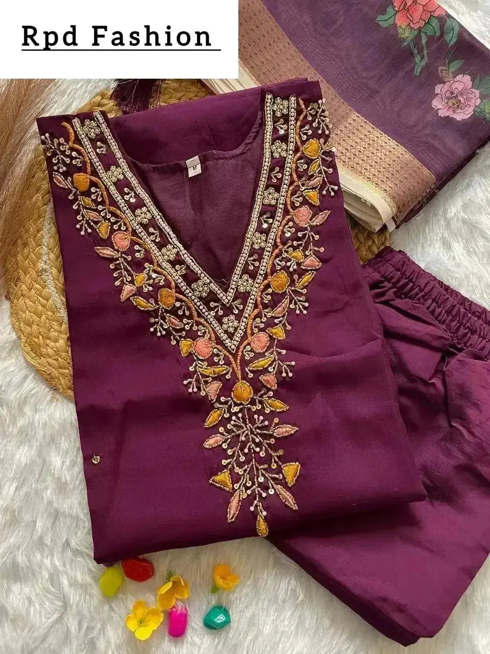 handwork kurti pant with dupatta set - rpd fashion