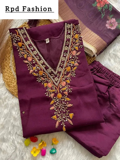 HANDWORK KURTI PANT WITH DUPATTA SET - RPD Fashion