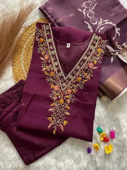 HANDWORK KURTI PANT WITH DUPATTA SET - RPD Fashion