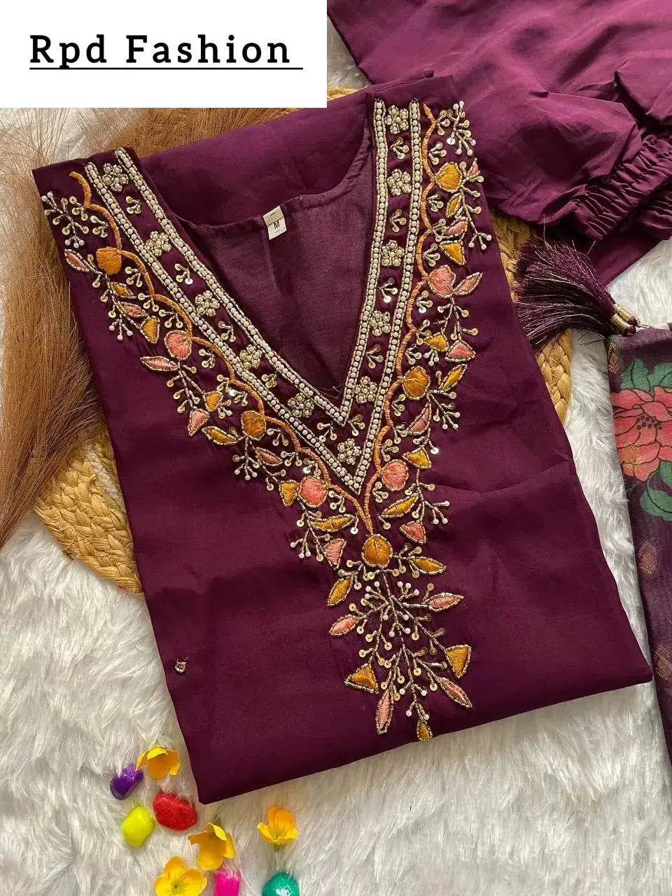 handwork kurti pant with dupatta set - rpd fashion