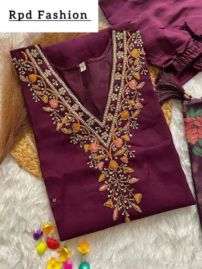 HANDWORK KURTI PANT WITH DUPATTA SET - RPD Fashion