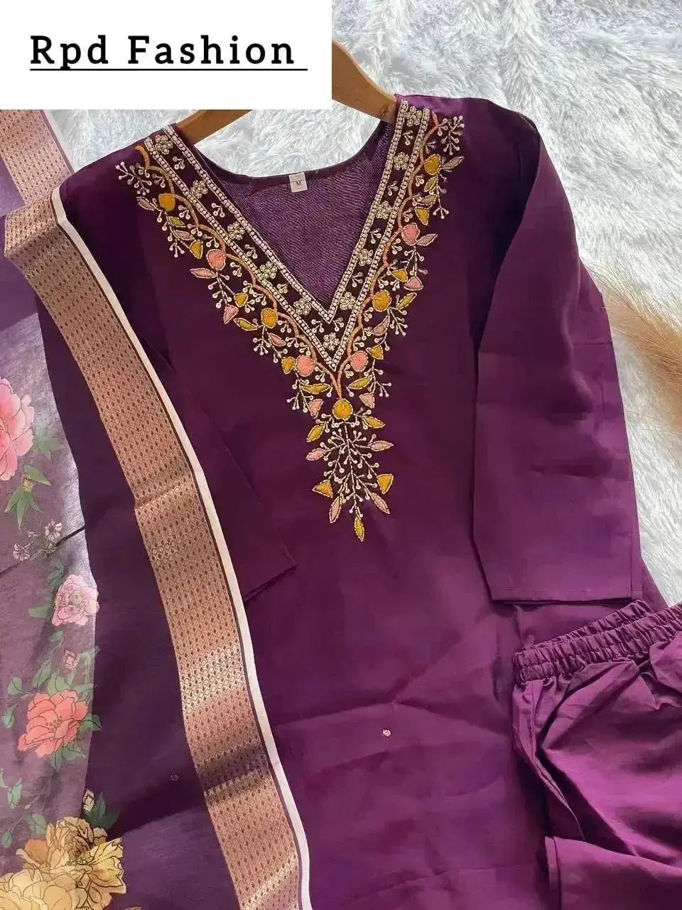 handwork kurti pant with dupatta set - rpd fashion