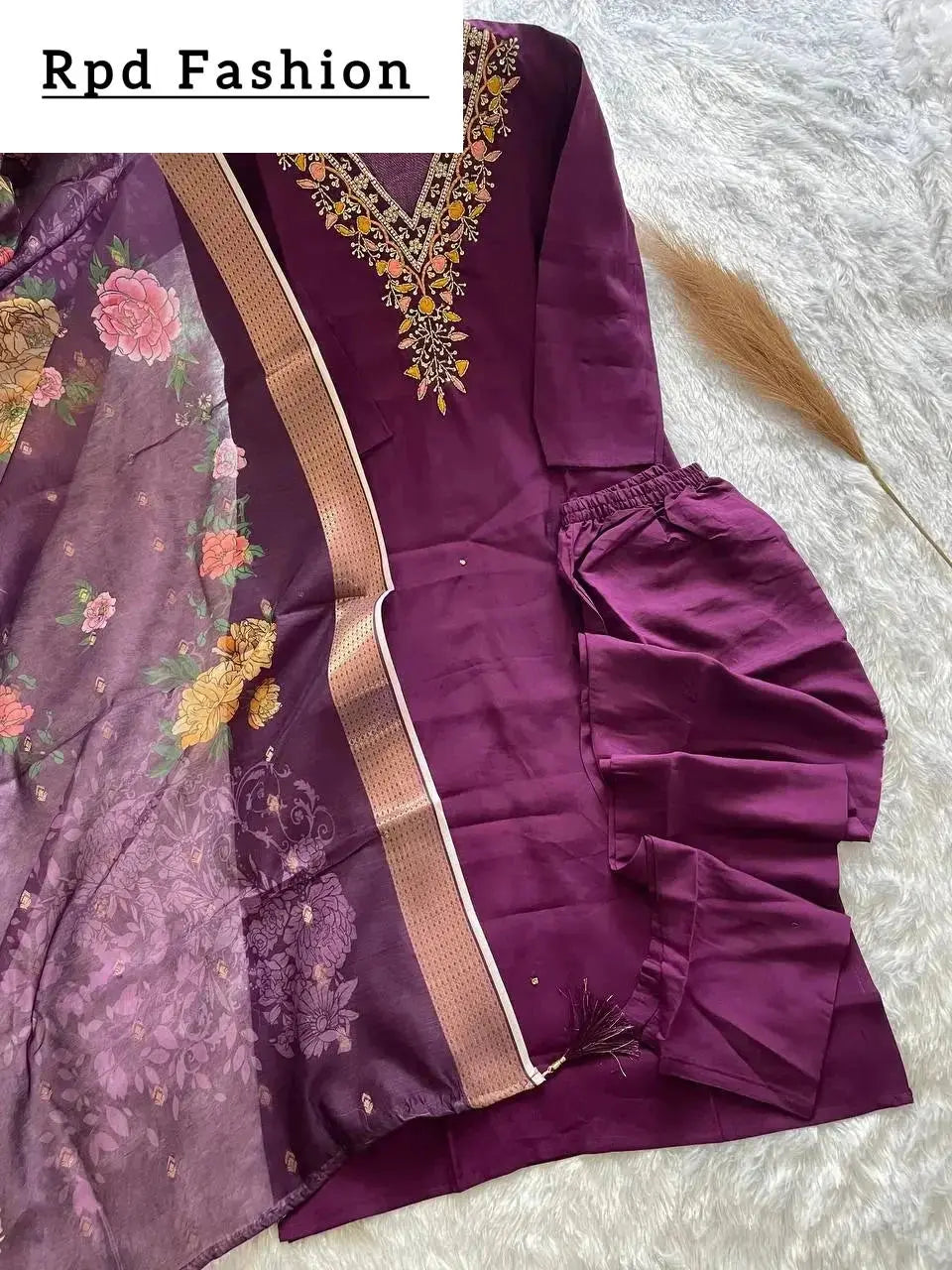 HANDWORK KURTI PANT WITH DUPATTA SET - RPD Fashion