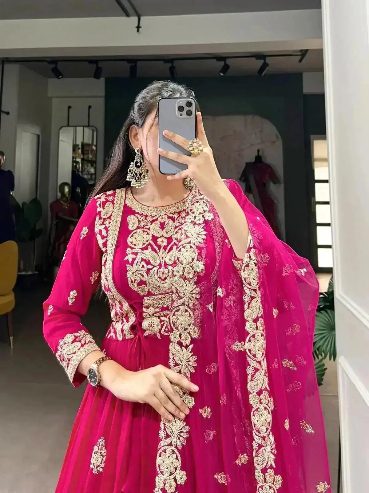 heavy vichitra silk long gown with net dupatta for women - rpd fashion