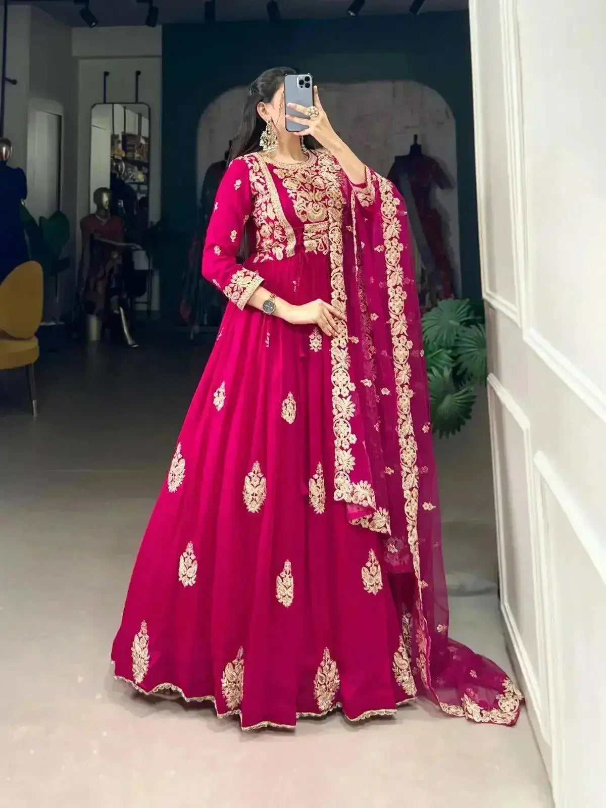 heavy vichitra silk long gown with net dupatta for women - rpd fashion