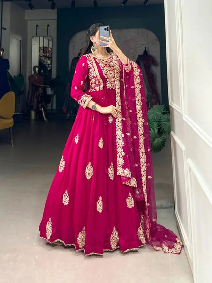 HEAVY VICHITRA SILK LONG GOWN WITH NET DUPATTA FOR WOMEN - RPD Fashion