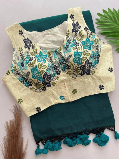 Heavy Cotton Khadi Saree With Cotton Print Blouse - RPD Fashion