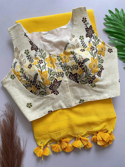 Heavy Cotton Khadi Saree With Cotton Print Blouse - RPD Fashion