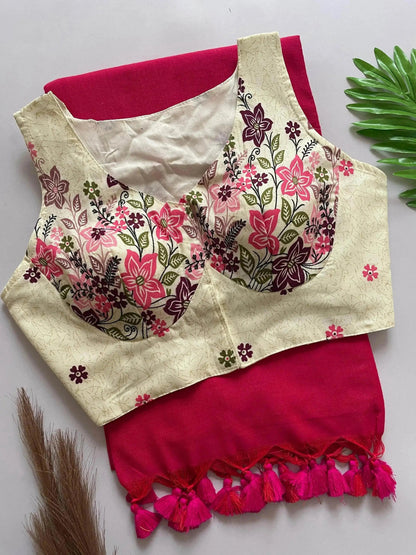 Heavy Cotton Khadi Saree With Cotton Print Blouse - RPD Fashion