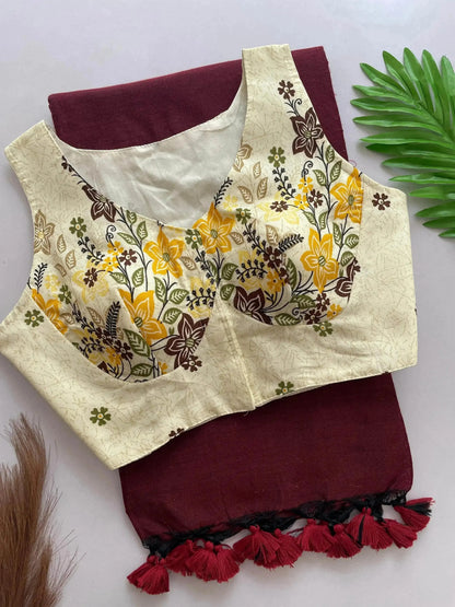 Heavy Cotton Khadi Saree With Cotton Print Blouse - RPD Fashion