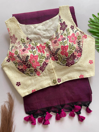 Heavy Cotton Khadi Saree With Cotton Print Blouse - RPD Fashion