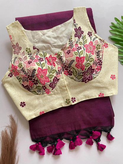Heavy Cotton Khadi Saree With Cotton Print Blouse - RPD Fashion