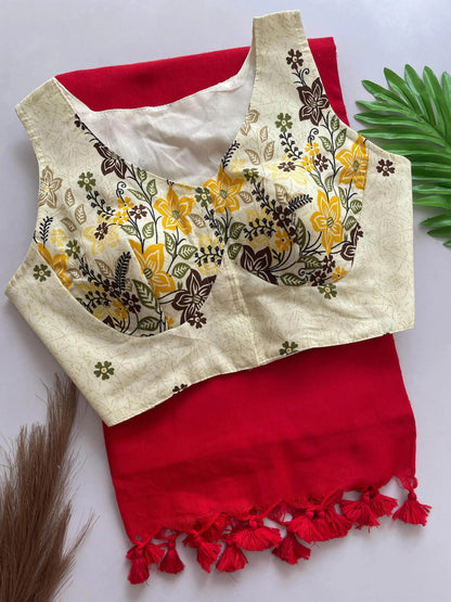 Heavy Cotton Khadi Saree With Cotton Print Blouse - RPD Fashion