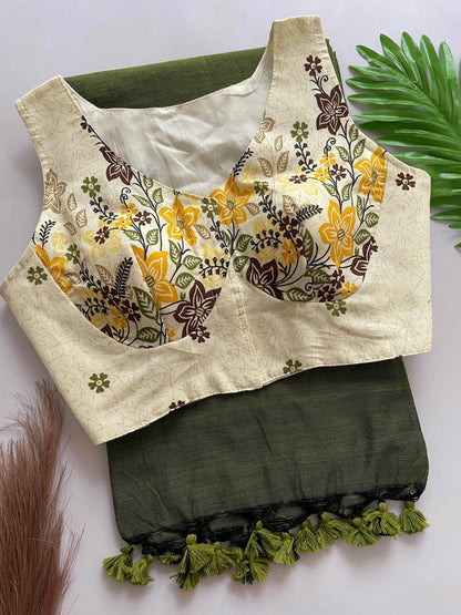 Heavy Cotton Khadi Saree With Cotton Print Blouse - RPD Fashion