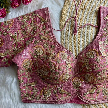 Heavy Embroidered Bridal Blouse for Bride – Banarasi Silk Pink Wedding Blouse - RPD Fashion