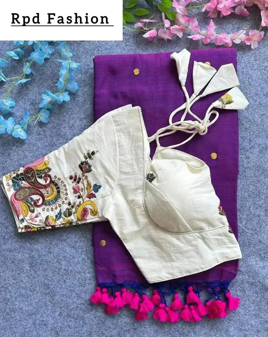 khadi cotton saree with hand stich gini and beautiful havy khadi cotton blouse - rpd fashion