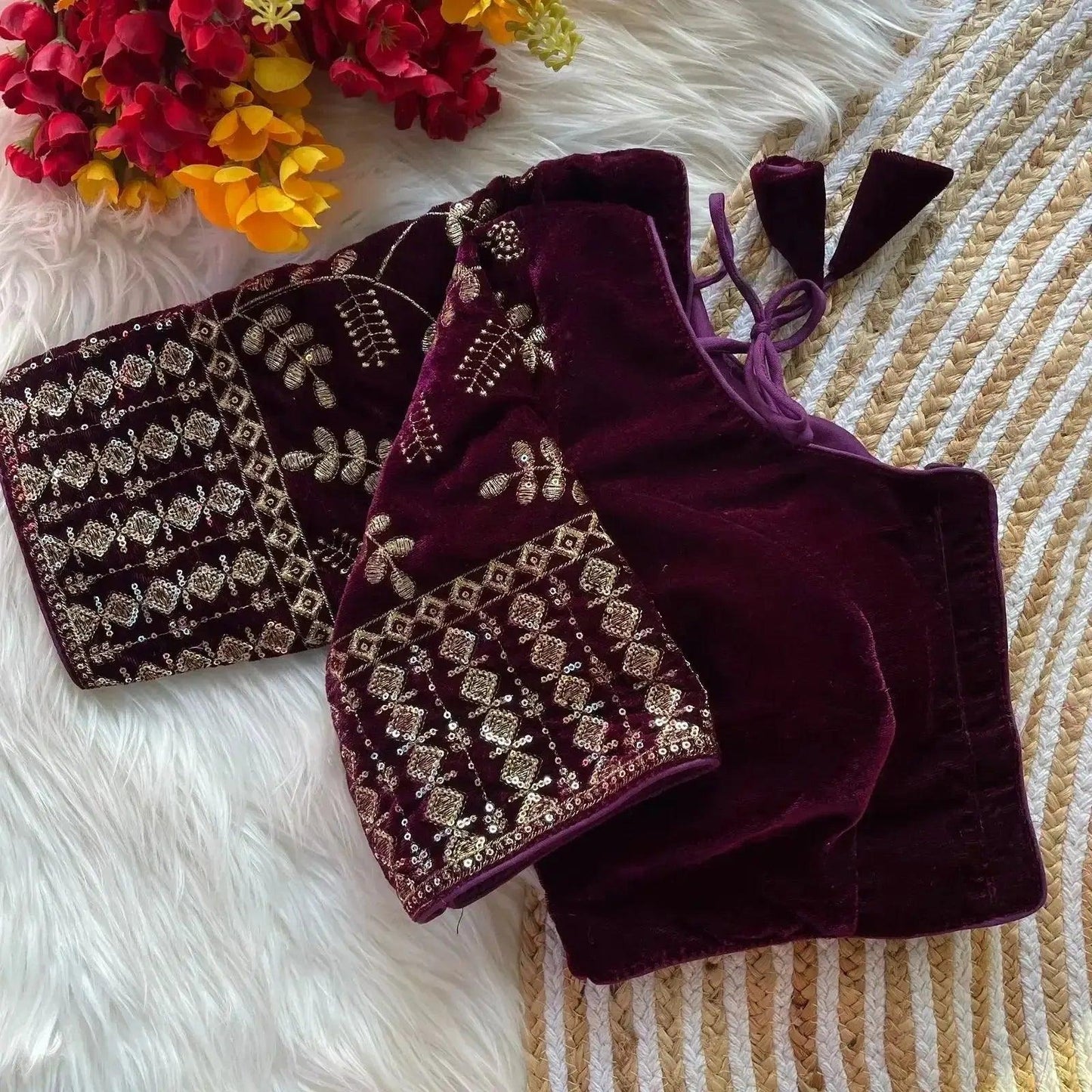 maroon velvet blouse with heavy gold embroidery | designer party wear blouse - rpd fashion