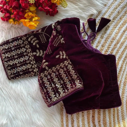 Maroon Velvet Blouse with Heavy Gold Embroidery | Designer Party Wear Blouse - RPD Fashion