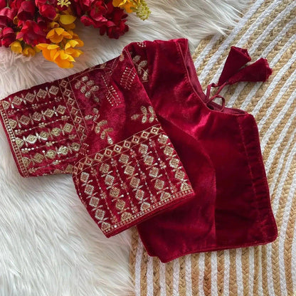 Maroon Velvet Blouse with Heavy Gold Embroidery | Designer Party Wear Blouse - RPD Fashion