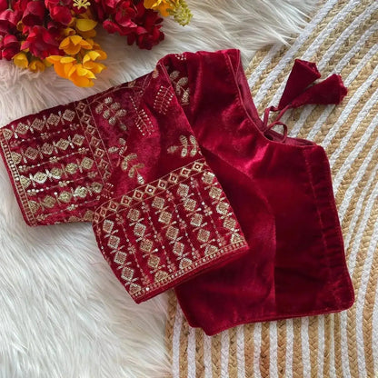 Maroon Velvet Blouse with Heavy Gold Embroidery | Designer Party Wear Blouse - RPD Fashion
