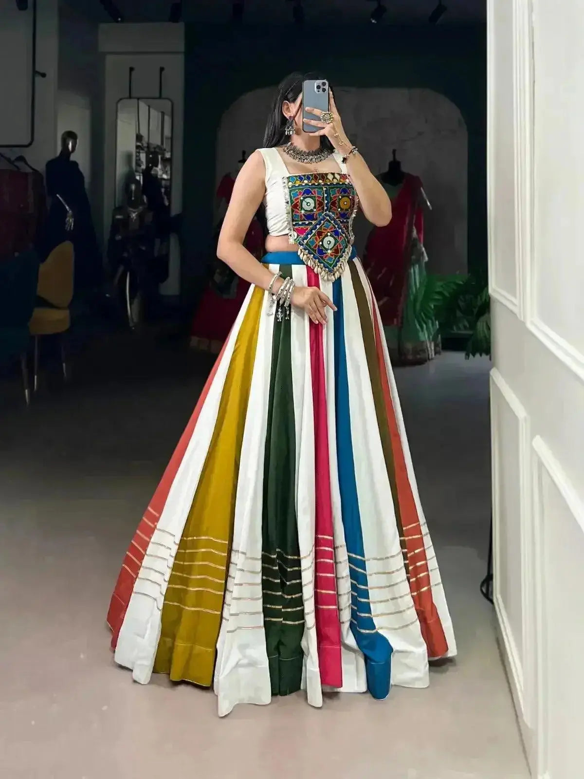 multi color pure rayon with gamthi work navratri lehenga choli - rpd fashion