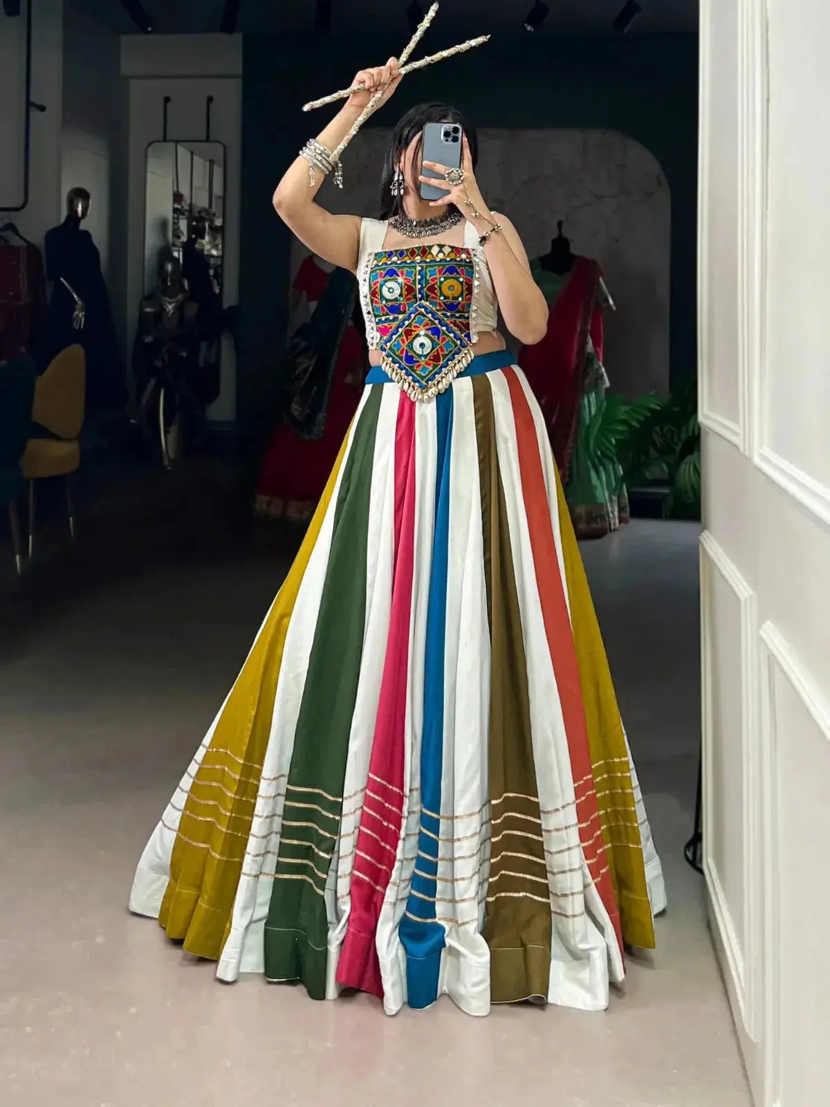 Multi Color Pure Rayon with Gamthi Work Navratri Lehenga Choli - RPD Fashion