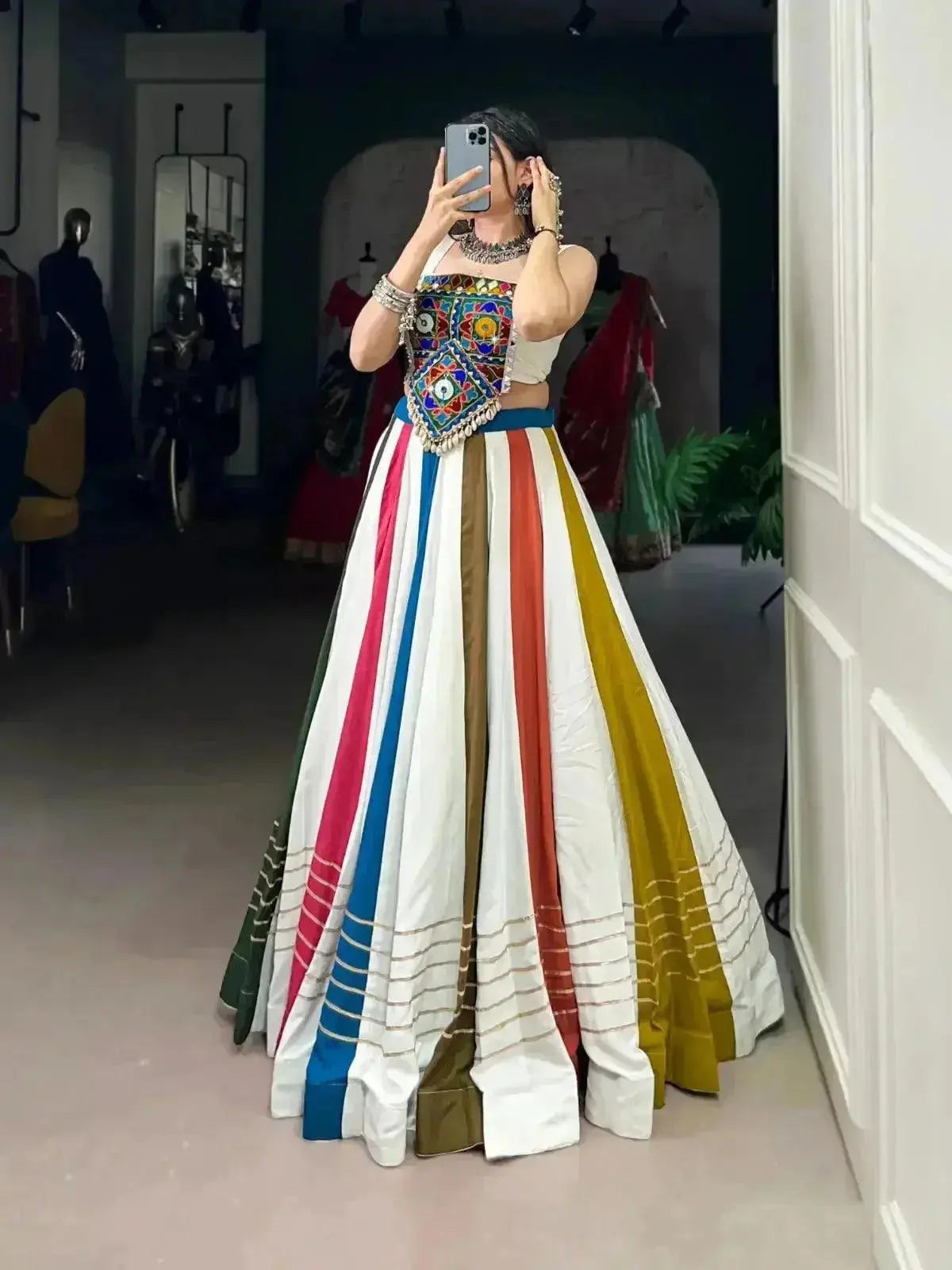 multi color pure rayon with gamthi work navratri lehenga choli - rpd fashion