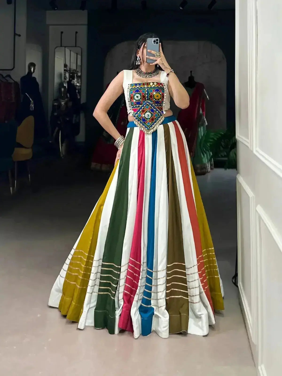 multi color pure rayon with gamthi work navratri lehenga choli - rpd fashion