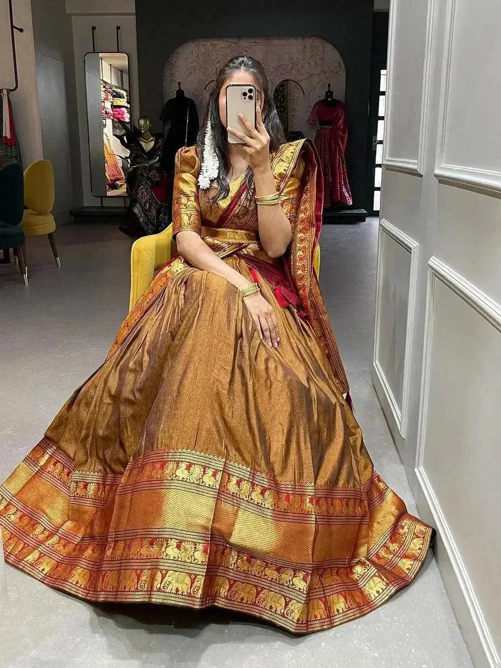 mustard color zari weaving work narayan pet (cotton) south style lehenga choli - rpd fashion