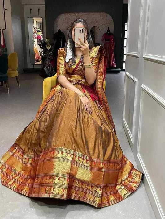 Mustard Color Zari Weaving Work Narayan Pet (Cotton) South Style Lehenga Choli - RPD Fashion