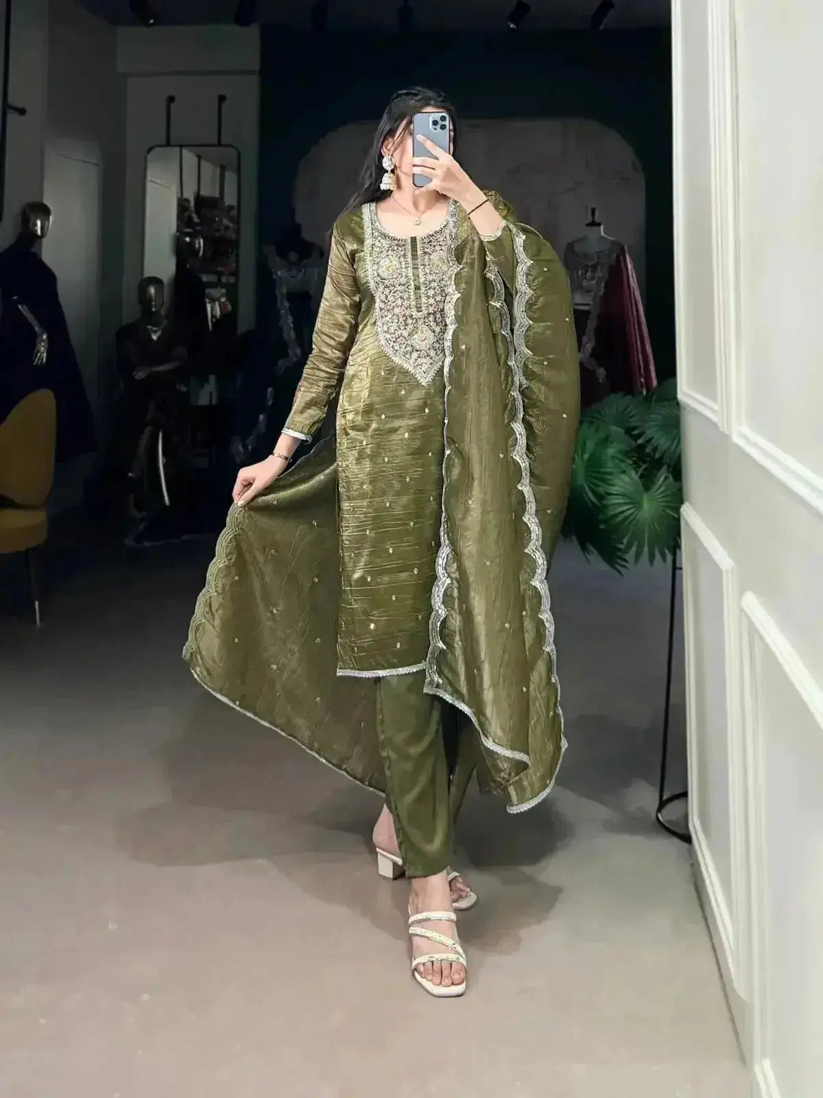namrata gold crush green kurti with sequins and thread embroidery work - rpd fashion