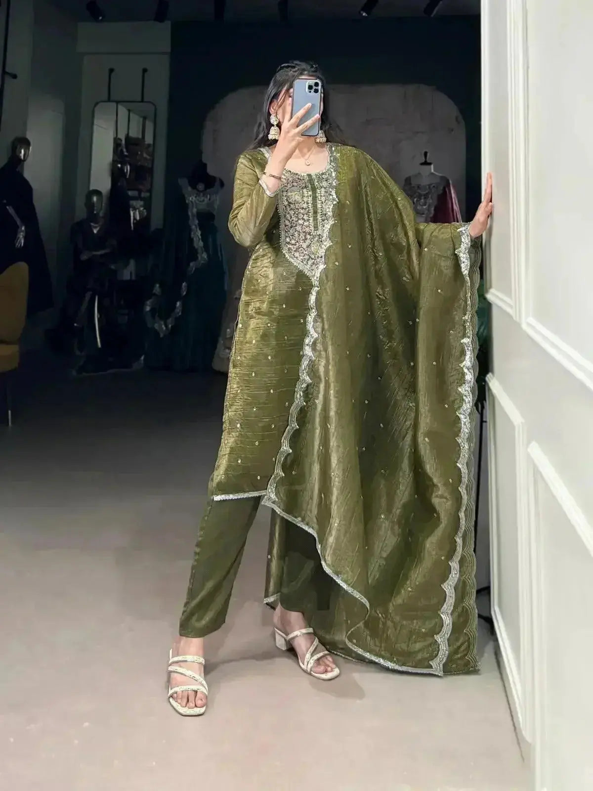 namrata gold crush green kurti with sequins and thread embroidery work - rpd fashion