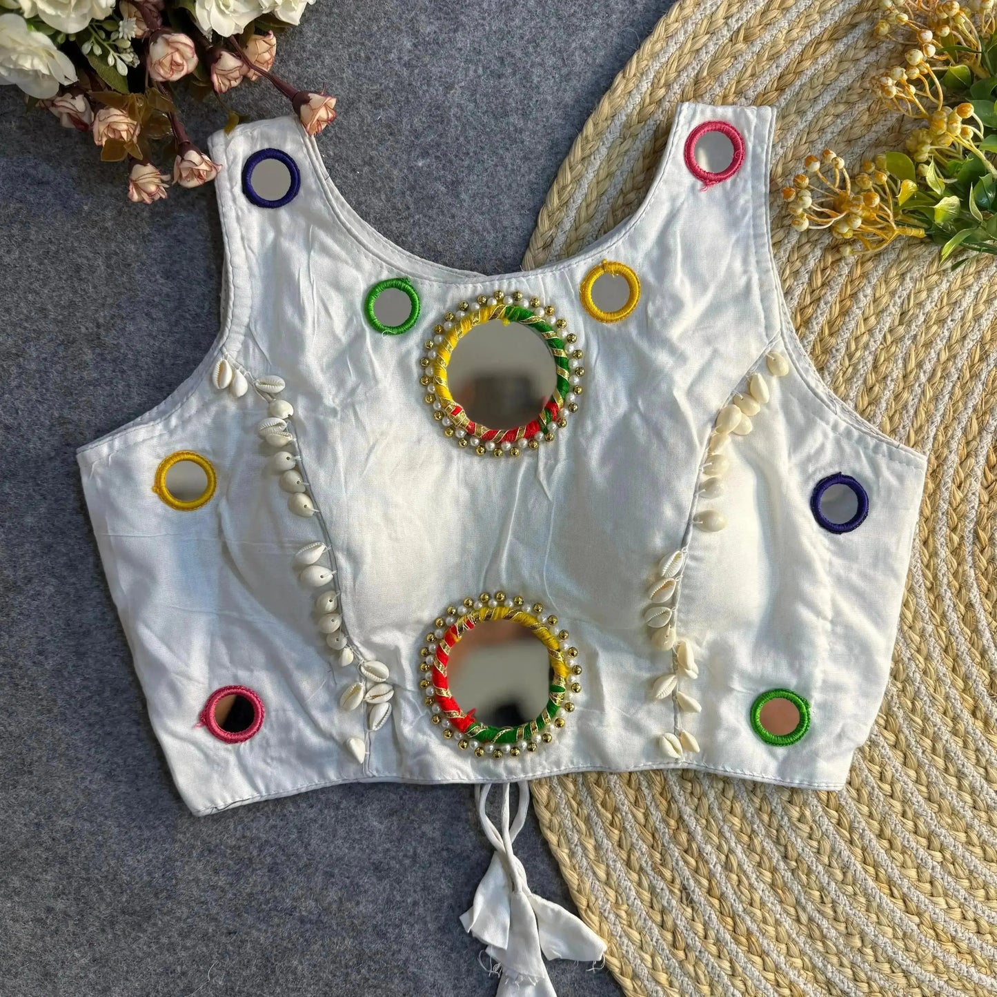 navratri special real mirror work backless blouse - rpd fashion