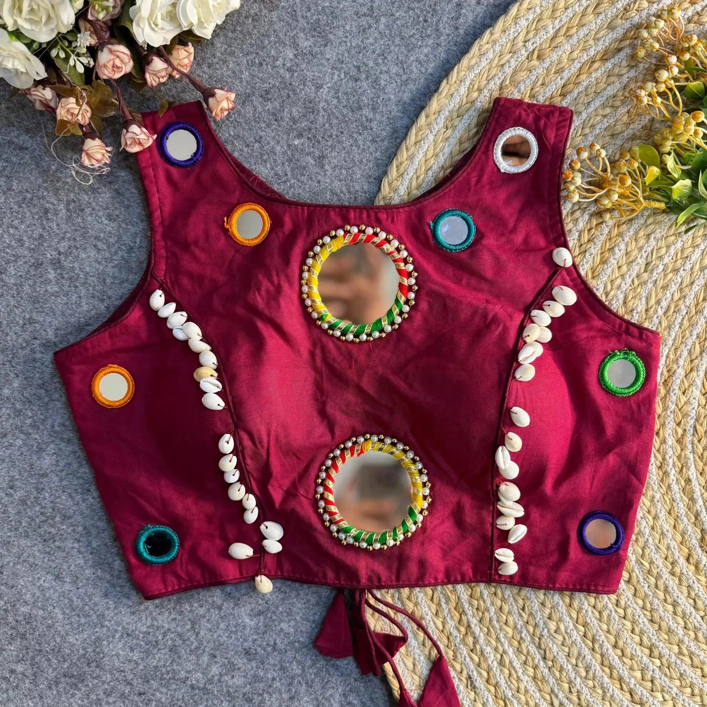 navratri special real mirror work backless blouse - rpd fashion