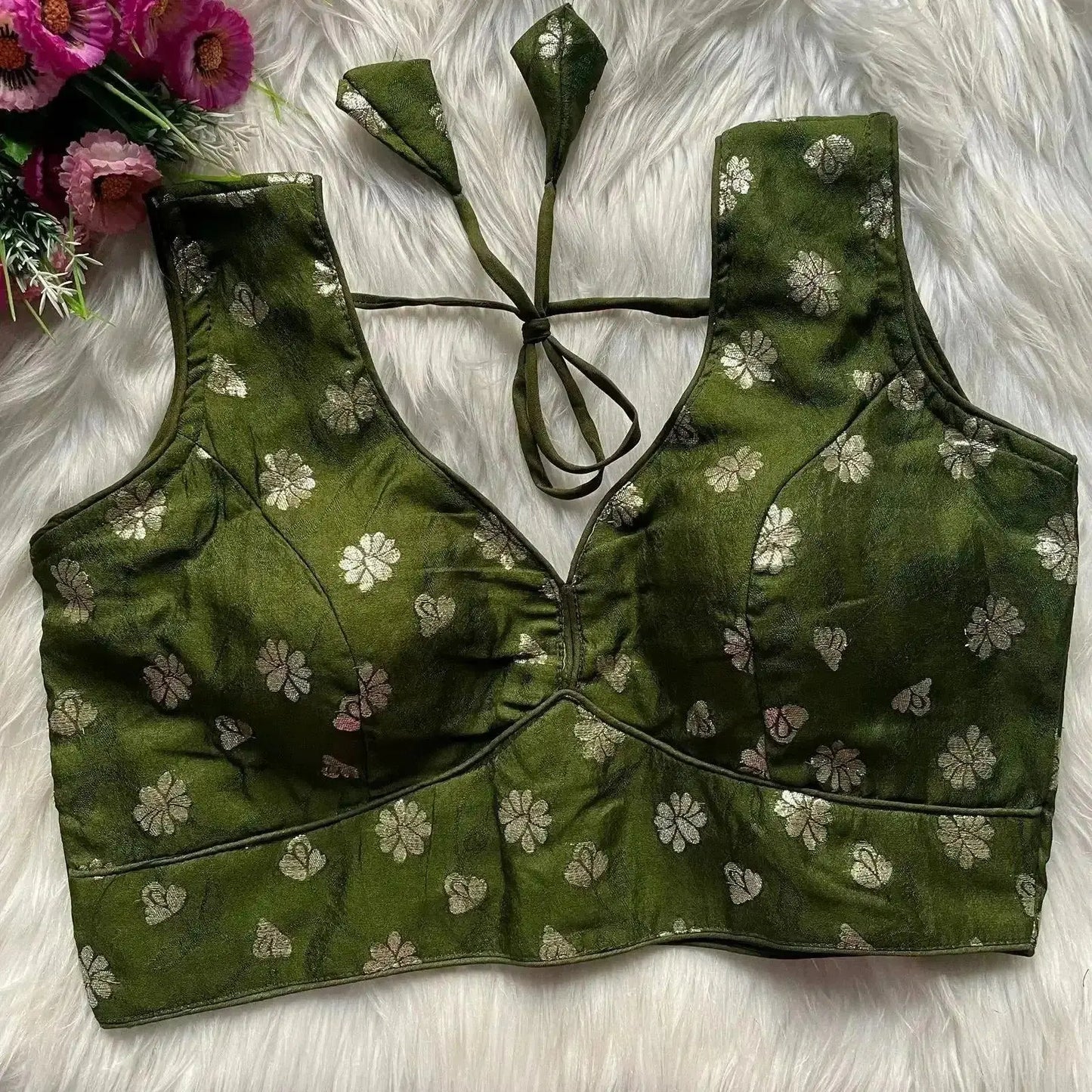 olive green jacquard silk blouse with floral weave – elegant saree blouse - rpd fashion