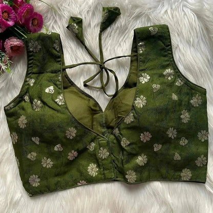 Olive Green Jacquard Silk Blouse with Floral Weave – Elegant Saree Blouse - RPD Fashion