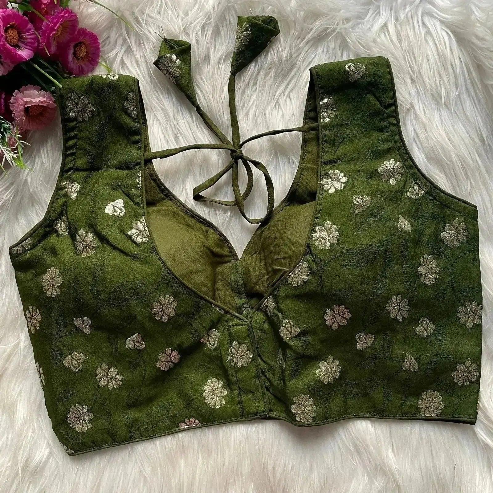 Olive Green Jacquard Silk Blouse with Floral Weave – Elegant Saree Blouse - RPD Fashion