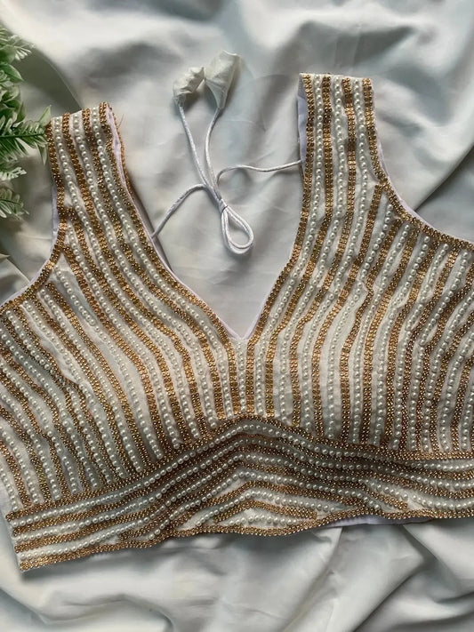 Elegant White Spaghetti Blouse Design with Pearl & Gold Bead Embroidery - RPD Fashion