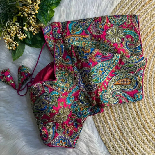 Pink Traditional Boat Neck Blouse for Silk Saree | Bridal Embroidered Readymade Blouse - RPD Fashion