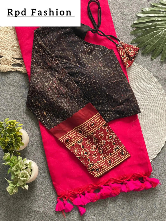 Presenting ajrakh cotton long sleeve blouse with khadi cotton saree - RPD Fashion