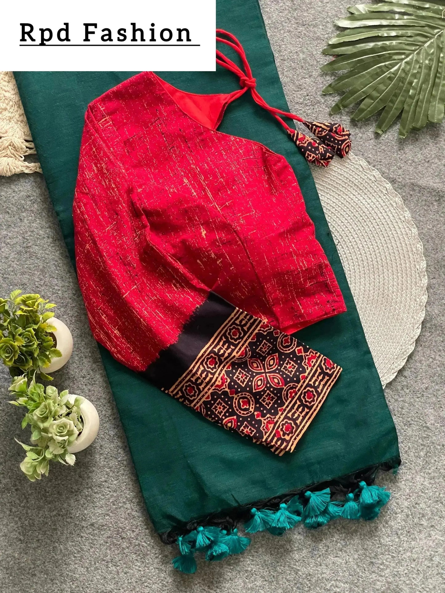 presenting ajrakh cotton long sleeve blouse with khadi cotton saree - rpd fashion