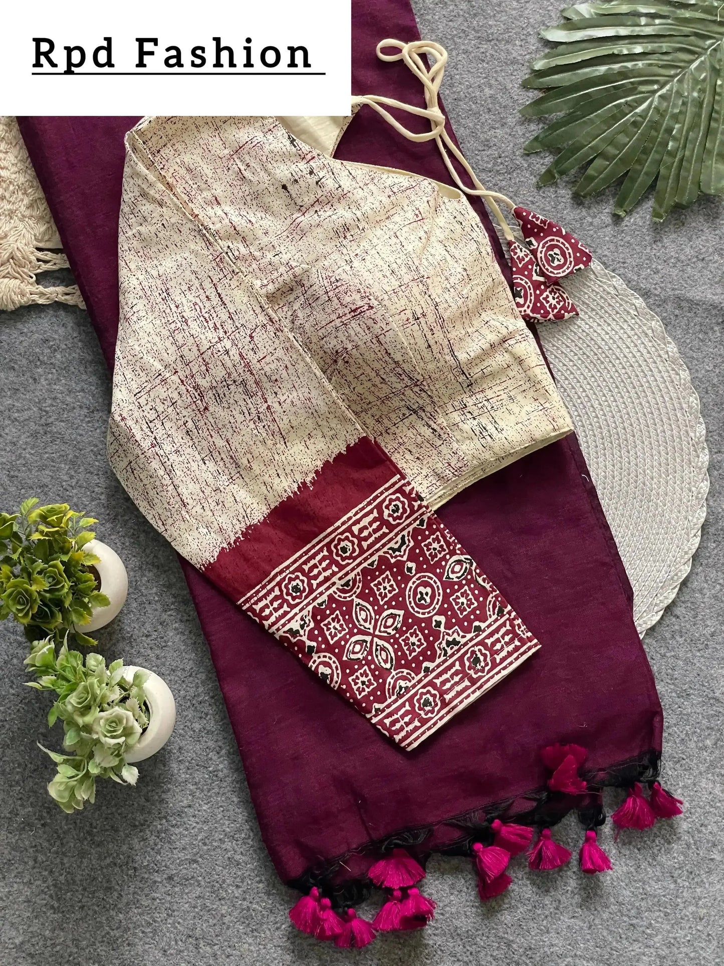 presenting ajrakh cotton long sleeve blouse with khadi cotton saree - rpd fashion
