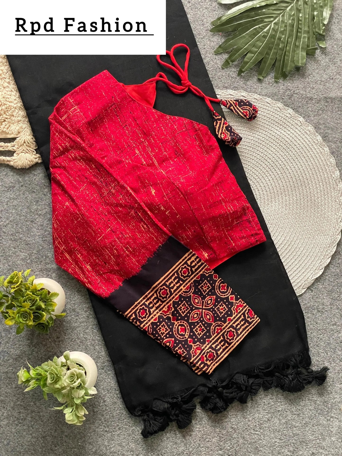 presenting ajrakh cotton long sleeve blouse with khadi cotton saree - rpd fashion