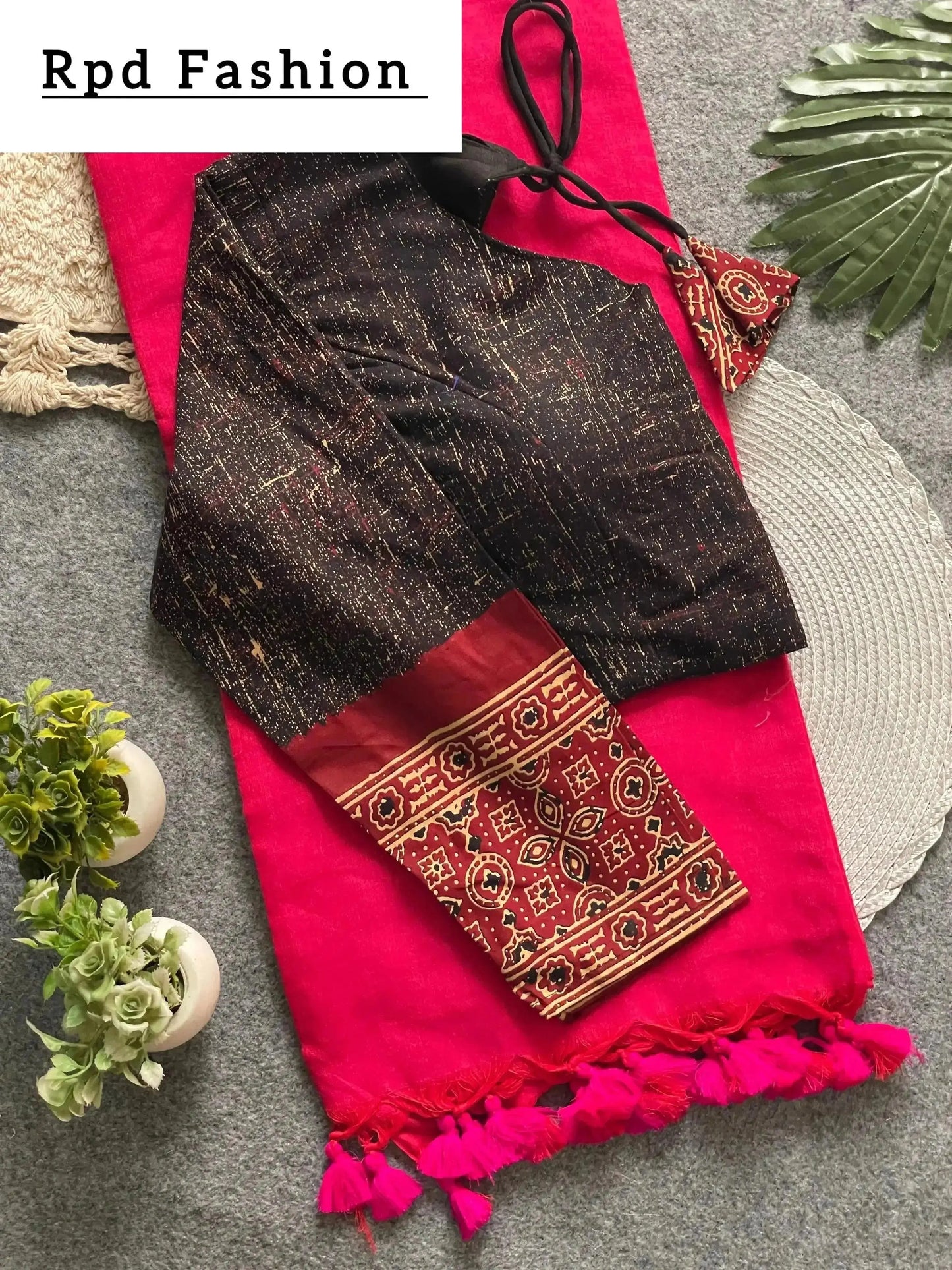 presenting ajrakh cotton long sleeve blouse with khadi cotton saree - rpd fashion