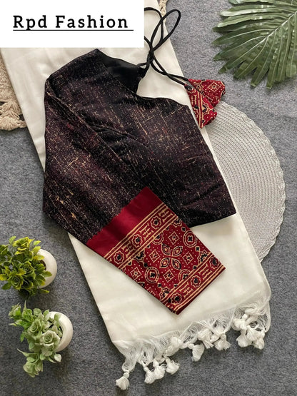 Presenting ajrakh cotton long sleeve blouse with khadi cotton saree - RPD Fashion
