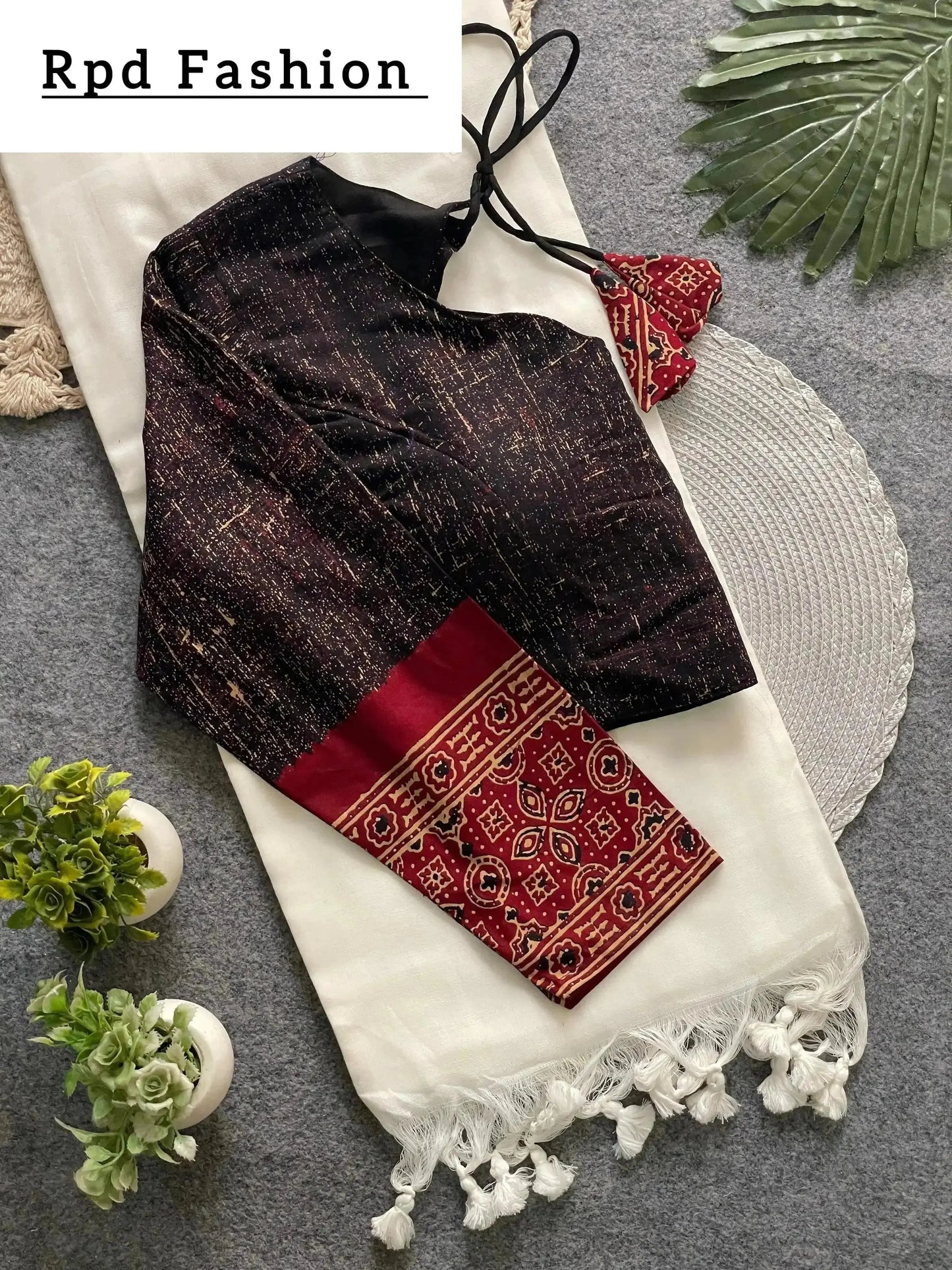 presenting ajrakh cotton long sleeve blouse with khadi cotton saree - rpd fashion
