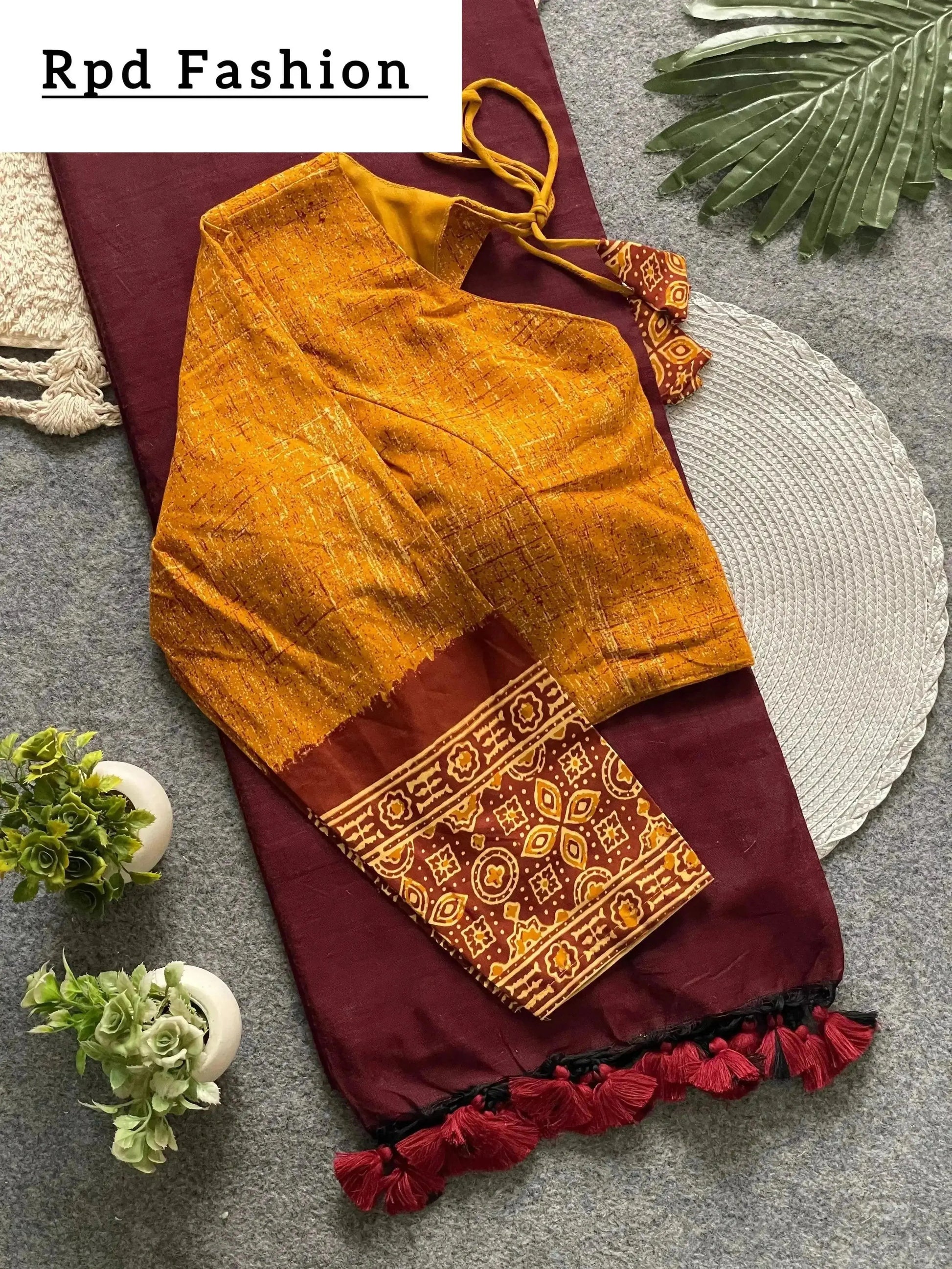 Presenting ajrakh cotton long sleeve blouse with khadi cotton saree - RPD Fashion