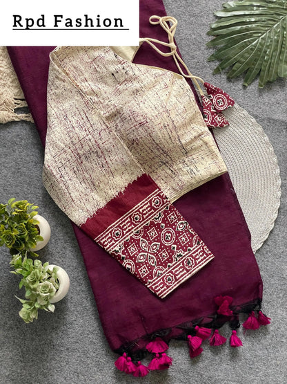 Presenting ajrakh cotton long sleeve blouse with khadi cotton saree - RPD Fashion