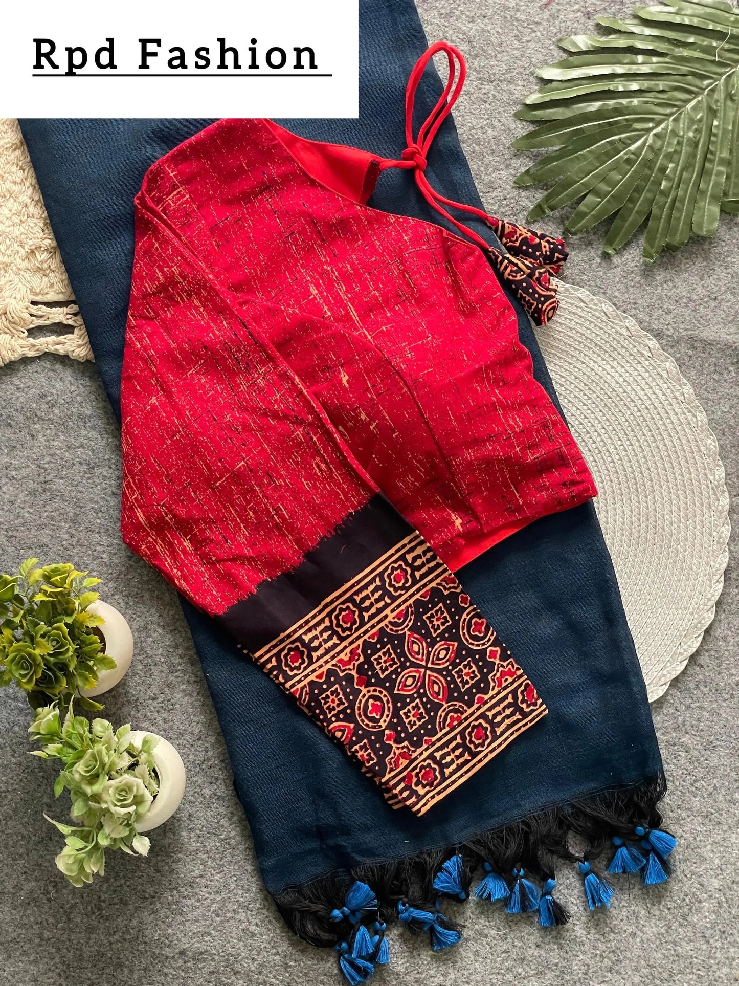 presenting ajrakh cotton long sleeve blouse with khadi cotton saree - rpd fashion